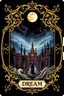 Placeholder: in center stunning deep colors and gold alcolhol ink tarot card (9:10 ratio) with 1 full moon and weird fantasy cityscape, inscription at the bottom, text:"DREAM", dark sky, strars, occult forces, sharp focus, beautiful ornamentic frames on card, detalied, fantasy, black background