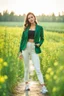 Placeholder: fullbody shot of young-beautiful-girl-with-a-perfect-face wearing pants and thight blouse and jacket sport shoes standing in country side green field flowers day lights