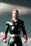 Placeholder: retro portrait image from 1960, sky background, wind, extra long blonde hair, fighting stance, young Chris Hemsworth, clean shave face, black dress, classic long tight lycra black suit, big red cap, silver latex with scales on the arms, gold bracelet and belt, high boots, soft color, highly detailed, unreal engine 5, ray tracing, RTX, lumen lighting, ultra detail, volumetric lighting, 3d, finely drawn, high definition, high resolution.