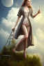 Placeholder: dressed woman on the ladder above clouds