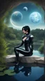 Placeholder: Fantasy Photo Of A Woman With Black Hair, Wearing A robot-looking catsuit, Sitting sideways On A Ledge next to a Pond, With A Planet Behind Her Head