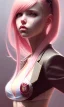 Placeholder: girl, cute, beautiful, pink hair, brown eyes, pigtails, bangs, knife in hand, blood on face, by Greg Rutkowski, big boobs, blazer, yandere