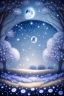 Placeholder: a background of softly blended blues, greys, silvers, and whites with distant, twinkling stars in the sky, an a spherical serene moon, casting a soft glow of light on a foreground of a field of various flowers surrounding a tree of life