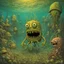 Placeholder: Surreal mutant decayed SpongeBob Squarepants monstrosity, 'he lives in a nightmare under the sea', alternate zombie SpongeBob, by Zdzislaw Beksinski, by Jack Davis, by Jack Yerka, sinister unnatural comix underwater landscape, horror art, creepy eerie dystopian.