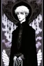 Placeholder: 17 year old boy, necromancer, friendly, looks dead, surrounded by weird smoke with eyes, wearing black robes, in the style of Harry Clarke