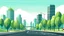 Placeholder: City landscape, road, trees, lights, modern flat style, skycrapper panorama, daylight