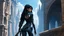 Placeholder: Exotic sci-fi skinny girl, with long dark hair, in an alien city, tall spires, buildings, bridges, and arches