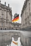 Placeholder: Typical Germany, Reichstag architecture, one small German flag hanging on the facade of the building. People on the street are reflected in a puddle on the asphalt. Watercolor style. 8k quality