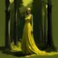 Placeholder: A digital art of a 20-year-old tall woman in the forest. She wears yellow prom dress.