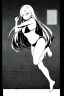 Placeholder: bikini long hair thin girl with leg in abyss pool, greyscale, sexy pose, screen tones