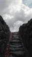 Placeholder: Fire under narrow black stone path above the ground gradually getting higher into the clouds no railings,