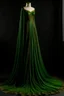 Placeholder: Designing an evening dress for a wedding for a veiled girl with a loose veil. The veil covers all parts of her hair and falls off her shoulders. Arabic features. The veil is made of dark olive satin, the darkest shade of green, devoid of any patterns or decoration. The dress is made of soft, silky satin, olive in color, tending to olive. The dark one is embroidered in a thin style from the waist, chest, and even the bottom of the dress. It shines from crystals and brilliant diamonds. The backgro