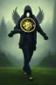 Placeholder: running berserker portrait , no face, black jogging suite , in the night Alps , holding bitcoins , angels background, volumetric gold light, high detail, dark leaf tree, dark mountains in background, perfect