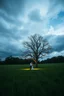 Placeholder: The Green Grass field of gold sting song under a beautiful stormy sky and cloudy sky in the beautiful stary night .A big Tree with no leaves standing in the middle , a couple hugging each other in romantic theme under the tree