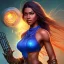 Placeholder: Full body, heroic fantasy, woman, dark skin, Indian, 20 years old, half-hawk haircut, magician, warrior, hourglass body shape, bicolor hair, muscular