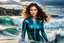 Placeholder: beautiful girl supper model, in nice body suit, with curvy hair,perfect face,perfect eyes,Surfing in huge wave,water with splash,seaside wavy sea ,storm, clouds ,rocky beach