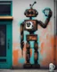 Placeholder: an arafed graffiti robot drinking coffee on the wall of a building, rolands zilvinskis 3d render art, dystopian grunge, trending on unsplash, steam punk grafitti, hyper realistic digital art, sticker art, disco elysium style, pexels, neoexpressionist, behance art, gritty background, solarpunk, oilpunk, unsplash transparent, to be or not to be, scrap metal on workbenches, infinite regression, interconnected human lifeforms, symbolic mural, album cover artwork, (((heavy whimsical))) vibes