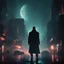 Placeholder: Deckard's dream. blade runner like. scene set in a dystopian city. Dark Silhouette of a man on foreground seen from behind in the center of the scene . Night scene moon visible. Dimmed colors. Grim athmosphere