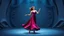 Placeholder: modern stage with gray-blue theme artistic decoration , color full dynamic lighting, a beautiful lady in modern maxy dark purple red dress with shining silver jwells dancing, 3D recursive fractal structure animating background