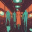 Placeholder: ghostly wraiths and incandescent smoky phantoms in a hall with broken mirrors in retro-scifi colors