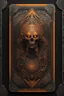 Placeholder: sacred geometry framed playing card, black and orange hellraiser conquistador with shadows boss card in the style of Giger and fallout 4 ,,bokeh like f/0.8, tilt-shift lens 8k, high detail, smooth render, down-light, unreal engine