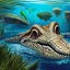 Placeholder: beautiful, stunning paleoart of alligator head and water moccasin body underwater, coral reefs, plants, in the style of eleanor kish, davide bonadonna, julius csotony, fabio pastor, wide field of view, Masosaurus, photorealistic, illustrative, digital art, 8k resolution, detailed matte, painting, artwork, deviantart