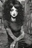 Placeholder: create a full body portrait horror illustration of a dark haired, savage, gothpunk vampire girl with highly detailed , sharply defined hair and facial features, in a chaotic, turbulent, otherworldly London in the manga style of Junji Ito, precisely drawn, inked, with dramatic edges,