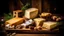 Placeholder: Different types of sarah on a wooden background. Assortment of cheeses. Side view.