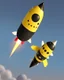 Placeholder: The pet has a black head with a yellow dot and rides on top of a rocket flying in the sky