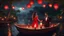 Placeholder: Hyper Realistic handsome muscular guy in tuxedo & beautiful girl in red dress doing candle-light-dinner on a fancy-romantic-wooden-boat in the middle of the river at dark night with sky-lanterns flying in the middle of a jungle.