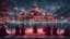 Placeholder: Hyper Realistic Photographic-View of few men praying outside a Huge-Beautifully-Crafted-Maroon-Mosque decorated with garland-lights & lamps between an island with ocean-water-waves & mountains around at snowfall-night with dramatic-&-cinematic-ambiance