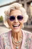 Placeholder: an happy older woman wearing sunglasses, vintage pastel outfit, and a necklace. She has a wide smile on her face and is laughing, in background blur bridge, natural light , high detailed, sharp focus, photorealistic, happy mood