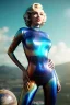 Placeholder: Realistic movie image, retro sci-fi, portrait, blonde action woman, sweet Marylin Monroe face, perfect iris, glow eyes. tight latex tights suit. Retro strange planet, cars flying. epic style, vibrant color, highly detailed, unreal engine 5, ray tracing, RTX, lumen lighting, ultra detail, volumetric lighting, 3d, finely drawn, high definition, high resolution.