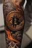 Placeholder: close view of a man's arm that has just been tattood by a branding iron, the branding tool just lifted up from the skin and the tattoo is hot and still smoking from the heat, the tattoo is a Bitcoin symbol. Hyper realistic, 8k, realistic