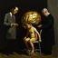 Placeholder: a huge golden brain supported by very small beautiful Asian female human bodies, complex surgical instruments mix a newborn boy between light and shadow, surrealism, symbolism, minimalism, sculpture by Adrian Ghenie, Lucian Freud, Rene Magritte, Salvador Dali