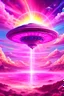 Placeholder: vaisseau interdimensionnel de couleur rose, grands rayonnements, dans un cosmos rose et jeu très étoilé d'or, 8K,ufo rainbow