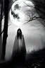 Placeholder: scene, black and white, forest fog, superbig full moon, moon is a center of image, tim burton character, woman wiht cape and hood, woman stand up on spiral rock, face woman sad, super big eyes, circles eyes, super hero