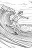 Placeholder: Outline art for coloring page OF A SURFER IN SHORTS RIDING A WAVE IN HAWAII LOOKING AWAY FROM US, coloring page, white background, Sketch style, only use outline, clean line art, white background, no shadows, no shading, no color, clear