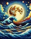 Placeholder: Pointillist artwork. Medium shot. Animated waves and storm clouds partially occlude the huge moon in a nighttime sea storm. Wide angle lens. Mikalojus Konstantinas Ciurlionis inspired pointillism with Miriam Schapiro's vibrant colors. Geometric shapes and patterns reminiscent of Naomi Okubo's style. Screen print textures and pop art aesthetic. Triadic colors with blue, yellow, and red hues. Golden hour glow with symmetrical composition. 8k resolution, highly detailed, trending on Artstation, fol