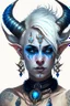 Placeholder: A young tiefling woman with a set of ram horns on her head encrusted with jewels, White-Blonde, short hair, black eyes, dressed in white and blue with lots of jewelry, beautiful, tattoos on her neck