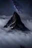 Placeholder: one single mountain sharp face rises out of the mist into the night sky.