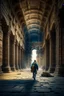 Placeholder: man walking in the ruins of a great ancient library.