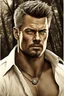 Placeholder: Portait Josh Duhamel as fantasy alpha male very muscular short cropped hair and rough beard, tribal tattoos wearing white button up shirt with rolled up sleeves realistic face, close-up, dark fantasy, fantasy forest, intricate details, hyper detailed, photograph