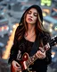 Placeholder: beautiful woman(wearing a dark lace hoodie) playing an electric guitar at high angle