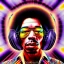 Placeholder: a realistic picture of Jimi Hendrix at a turntable with headphones on being a DJ, vivid color, with sunglasses, psychedelic trippy art, with UFOs in the background