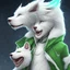 Placeholder: In anime, an anthropomorphic male character with white fur, white-and-green-haired, white-skinned, green-eyed, wolf ears, whiskers, a black hoodie, and black pants, is on the street in the massive capital.