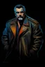 Placeholder: 58-year-old man with crew-cut dark brown hair tapered on the sides, gray goatee, blue eyes, overweight, wearing a leather jacket - pitch black background, extremely colorful, oil painting by frank frazetta