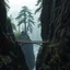 Placeholder: visible view from the side one old stunning wooden bridge connects the two gorge between two tall rocky shores, sprawling, tall dark trees on both shores, in the distance in the background little village made wooden houses on the rock,, rainy landscape, lush vegetation , tall thick alien trees, massive trees in landscape, high detailed, rainy day, high photorealistic, fantasy cinematic