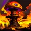 Placeholder: A fantabulous black, orange, and yellow (((mushroom tower house))) erected atop a (geologic pillar), surrounded by the uncanny imaginative ((( swirling skies))), offset by the stark hues of a (neon-tinged nebulous space scape), within. captured by the hand a skilled master painter with a focus on (softly blurred compositions and voluminous lighting).