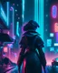 Placeholder: dust woman disappearing from the back dissapearing silhouetted by neon lights facing night futuristic city in photorealistic style, cyberpunk, ice blue neon signs, street level view, raytracing, depth of field, cinematic, highly detailed, rim lighting